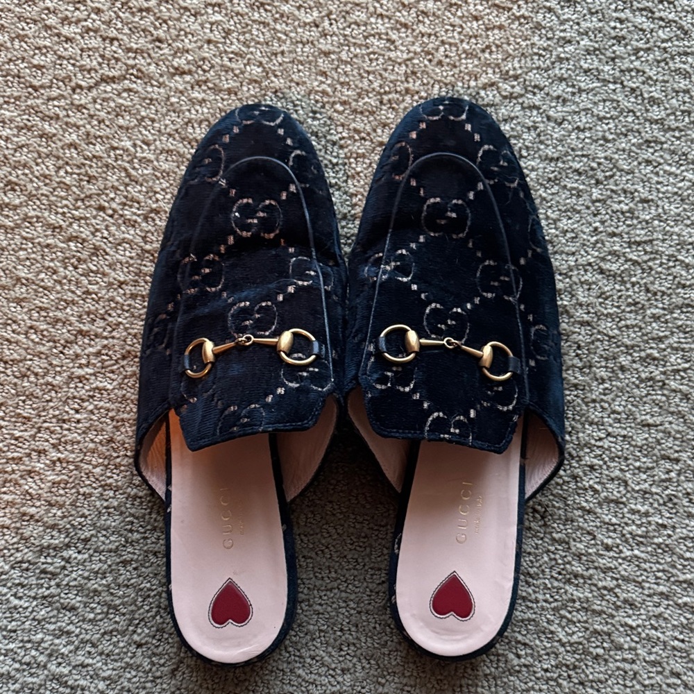 Gucci Women's Blue Loafers with Gold Accents